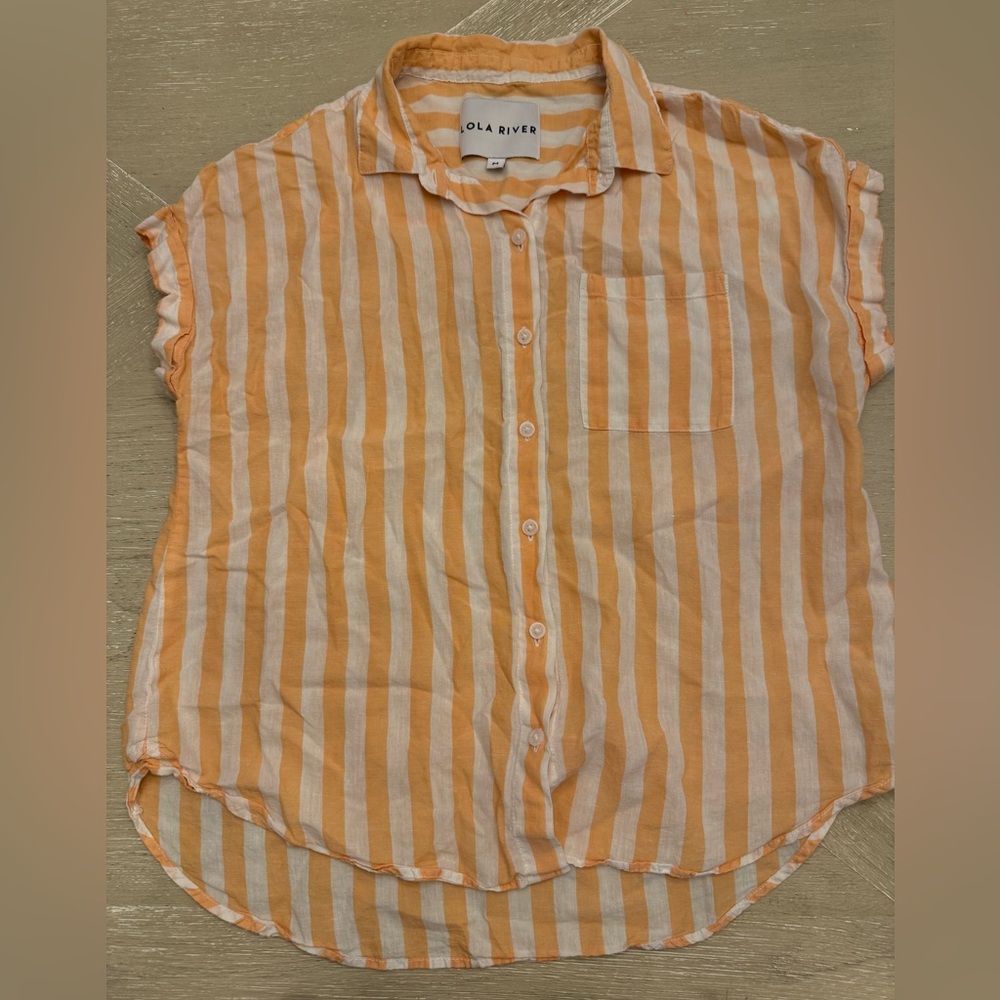 Lola River Women's Orange Creamsicle Striped Linen Button Down Shirt size Medium